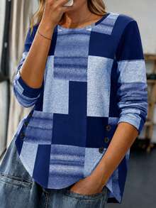 Kaos Lengan Panjang Motif Geometris Kasual Ukuran Besar - Biru - View 1