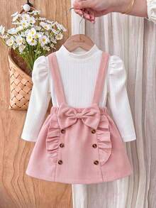Baby Girl Princess Petal Sleeve Small Stand Collar Long Sleeve T-Shirt And Bow Pleated Ruffle Suspender Skirt - White - View 1
