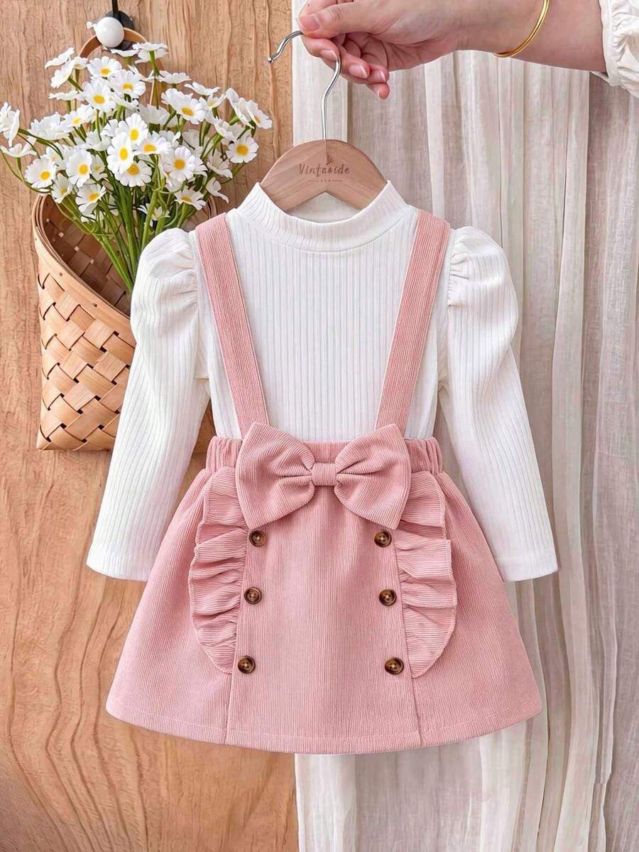 Baby Girl Princess Petal Sleeve Small Stand Collar Long Sleeve T-Shirt And Bow Pleated Ruffle Suspender Skirt - White - View 1
