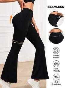 High Waisted Flare Leggings For Women Butt LiftingYoga Pants For Women Soft Bell Bottom Tummy Control Tights - Black - View 6