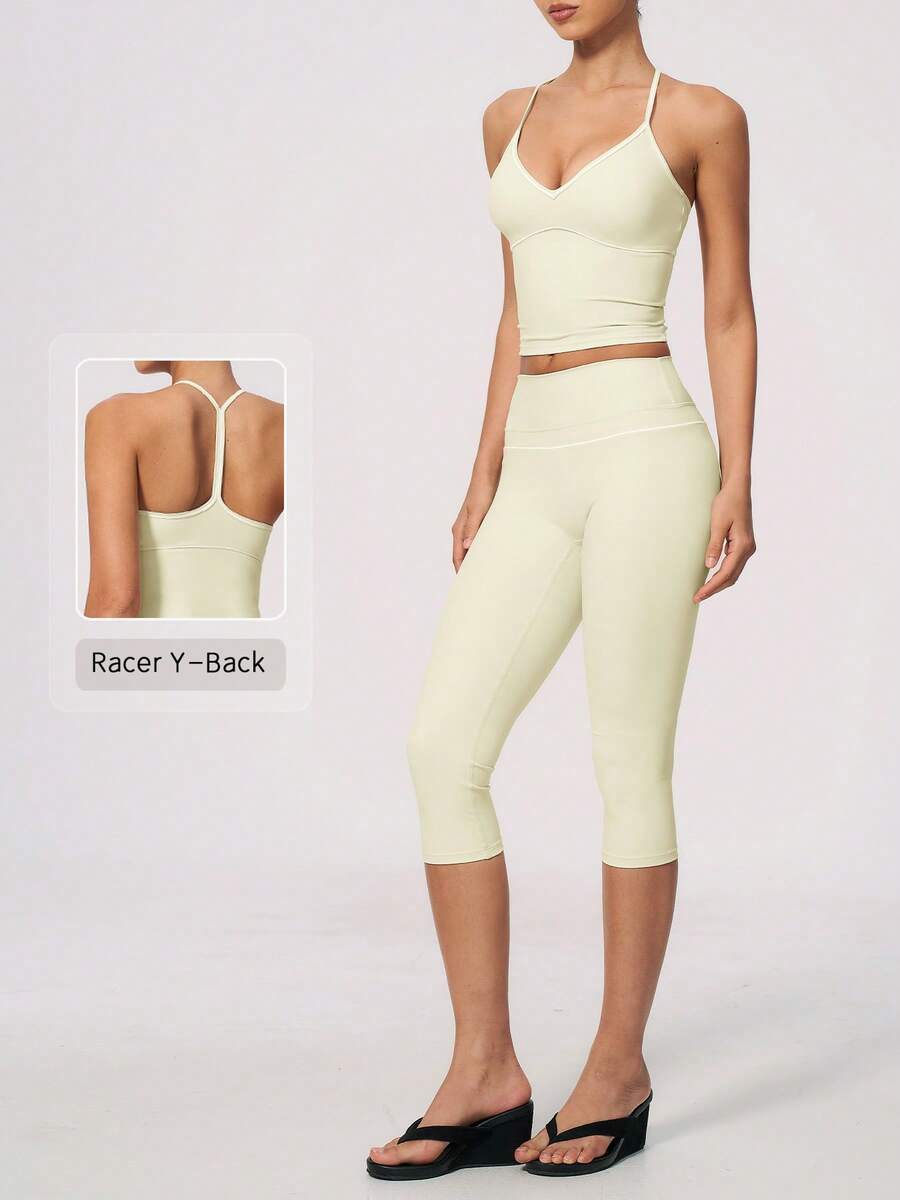 NcmRyu Women's One Set Contrast Color White Line Spaghetti Strap V-Neck Y-Back Tank Top And Butt-Lifting Mid-Length Shorts Sports Outfit - Apricot - View 1