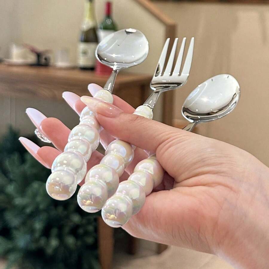 2/10/20pcs Beautiful Pearl Shaped Stainless Steel Tableware Silverware Set, Golden,Including Ceramic Handle Spoons, Forks, Unique And Elegant Porcelain With Shell Luster, Kitchen Tools And Accessories, Perfect For Restaurants, Daily Family Meals