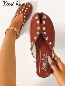Ximi Ruo Women's Fish Mouth Flat Slide Sandals, Spring New Fashion Outdoor Wear, Rhinestone Closed Toe Half Slippers, Slouchy Mule Shoes, Internet Celebrity Style, Pointed Toe Chunky Heel Mule Shoes, Spring Summer New Fashion - Burgundy - View 8