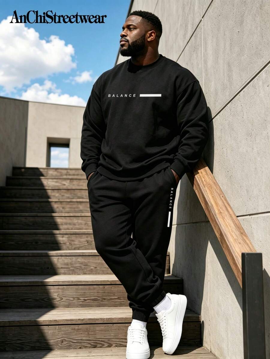 AnChiStreetwear - 大码男士时尚简约平衡标语英文几何图案休闲圆领套头卫衣和裤子套装,适合街头服饰、户外运动和日常穿着。 - 彩色 - 查看 1
