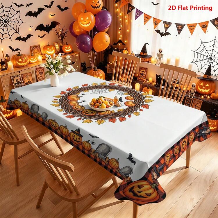 1/2pcs Halloween Tablecloth, Halloween Theme Polyester Fabric Tablecloth, Orange And Black Plaid Border With Pumpkin Lantern, Witch, Bat, Spider Web And Vine Wreath Pattern, Rustic Farmhouse Style Tabletop Decor, Suitable For Dining Table, Kitchen Counter, Coffee Table, Picnic Camping And Holiday Decoration - Multicolor - View 12