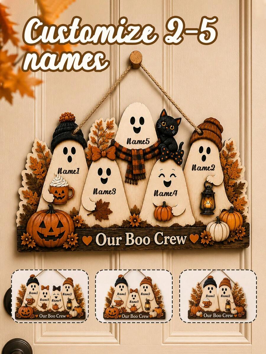 Custom Name Ghost Family Wooden Sign, Spooky Cute Door Hanger, Personalized Halloween Wall Plaque For Entryway Decor, Customized Family Name Sign, Customizable Autumn Home Accent, Front Door Decor, Fall Holiday Gift, Halloween Home Decor, Family - Multicolor - View 1