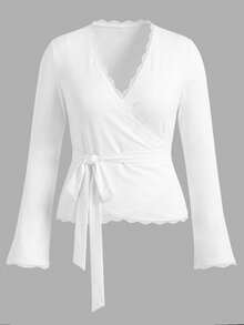 Women's V-Neck Lace Patchwork Long Sleeve Top - White - View 7