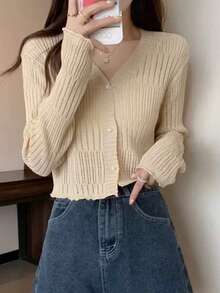 1 Black And White Apricot Green Thin Ruffle V-Neck Knit Cardigan Long Sleeve Sun Protection Shawl - Multicolor - View 1