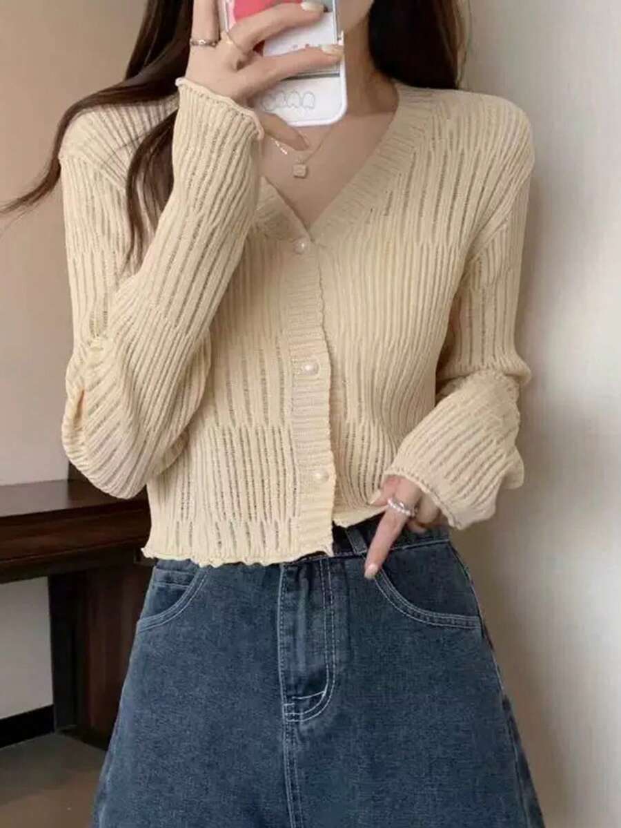 1 Black And White Apricot Green Thin Ruffle V-Neck Knit Cardigan Long Sleeve Sun Protection Shawl - Multicolor - View 1