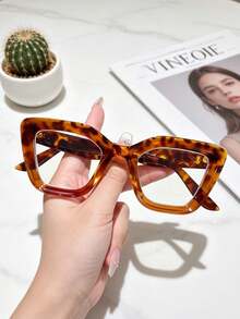 1 Pc Women Tortoise Print Cat Eye Metal Stud Blue Light Glasses,Fake Eyewear,Slim Face Y2K Eyeglasses,Back To School Daily Glasses - A - View 2