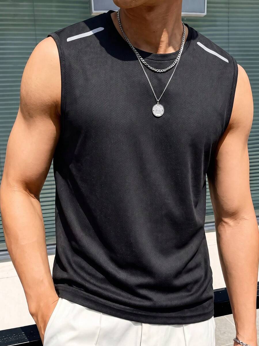 Men's Quick Dry Elastic Sleeveless Tank Top, Summer Pullover Reflective Print Running Fitness Solid Color Vest - Black - View 1