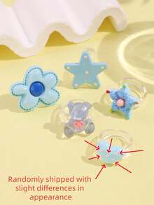 Set 5 buah cincin resin motif bunga biru, beruang, bintang, dan hati yang lucu, modis, elegan, dan unik, cocok untuk pemakaian sehari-hari dan pesta liburan. - MultiWarna - View 3