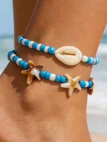 2 Ocean Sea Star Shell Faux Pearl Bead Set Foot Chain Girl's Beach Vacation Style Ankle Accessories - Blue - View 3