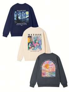 3pcs - Sweatshirt Kasual Wanita Terbaru dengan Kerah Bulat dan Hem Rajut Bergaris, Menampilkan Desain Cetak Gaya Kampus, Memancarkan Vitalitas Muda. - MultiWarna - View 7