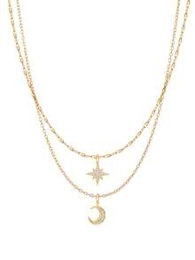 SYMFNY 1pc 925 Sterling Silver Necklace, Double Layer Zirconia Star & Moon Pendant, Elegant Fashion Jewelry Gift - Yellow Gold - View 2