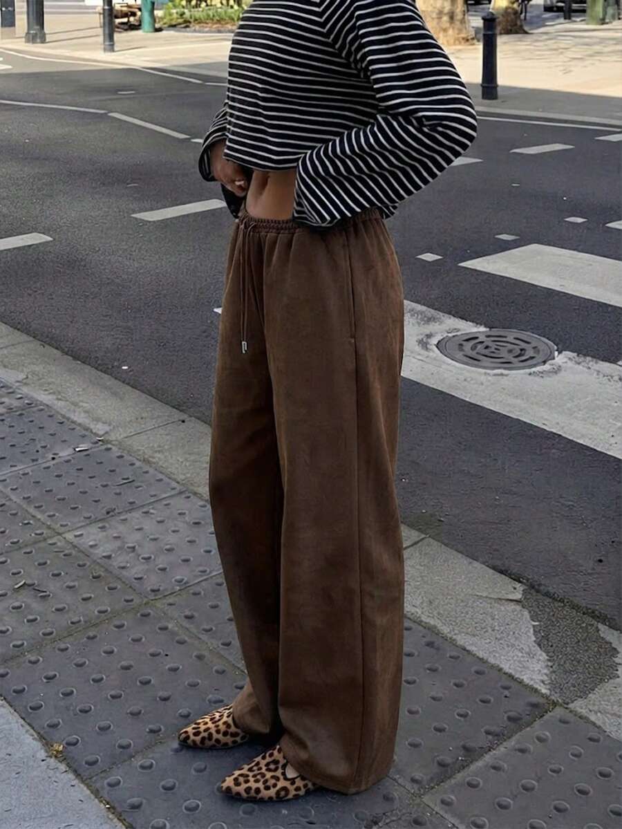 Women's Brown Polyester Drawstring Wide Leg Long Pants, Comfortable And Loose, Suitable For Daily Wear - Brown - View 1