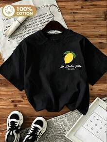 Women's Short-Sleeved T-Shirts For Spring/Summer, Featuring A Fun Fresh Lemon Stripe Print - Black - View 2