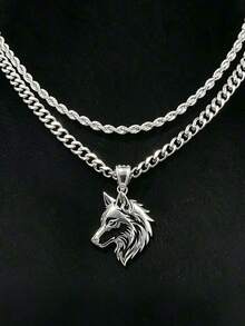 Cool Street Style Stainless Steel Necklace, Hollow Wolf Head Pendant Curb Chain For Men, Jewelry For Daily Outfits & Holiday Gifts - Silver - View 2