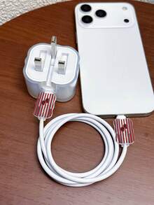 3件組波浪紋英國標準20W充電線保護套，UV彩繪紅色條紋櫻桃設計，適用於英國標準Apple快充20W充電器，防止線材損壞 - 彩色 - 查看 3