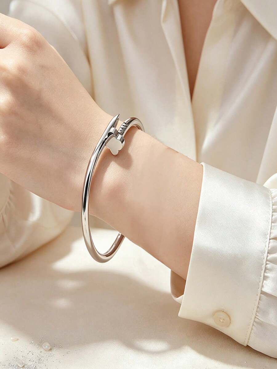Light Luxury Multi-Style Women's Bracelet, Stainless Steel Roman Numeral Rhinestone Heart Bamboo Joint Clasp Bangle, Multiple Styles For Layering, Daily Wear, Party, Anniversary Gift Accessory For Women - Silver - View 1