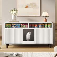 White Sideboard Cat Litter Cabinet - With Sand Trap Mat - White - View 3