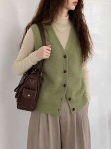 Women's Autumn Casual Minimalist Solid Color Versatile V-Neck Knit Cardigan Vest Fall - Olive Green - View 3
