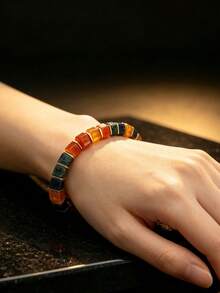 1pc Wealth Bracelet: A Bracelet Featuring Square Beads Of Lapis Lazuli And Red Agate, Designed To Attract Wealth And Prosperity. - Multicolor - View 4