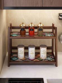 1pc Vintage Double-Layer Vertical Desktop Storage Rack - Bohemian Style, Large Capacity Kitchen Organizer, New Chinese Multifunctional Storage Rack, Decorative Shelf And Display Rack, Desktop Spice Rack, Suitable For Kitchen, Bathroom, Cabinet, Pantry And Vanity Storage And Display - Multicolor - View 2