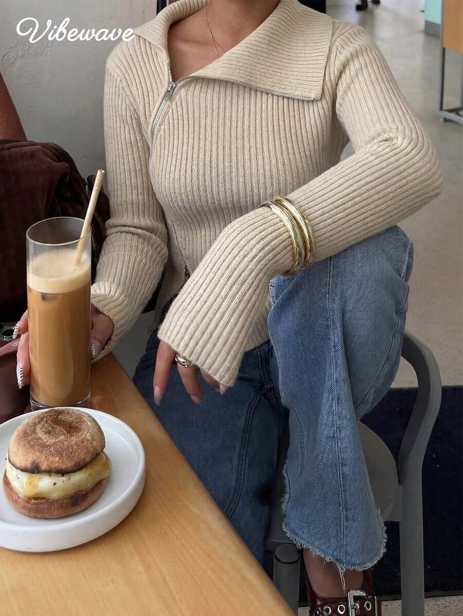 VIBEWAVE Slim Fit Diagonal Zipper Large Collar Ribbed Knit Top, European And American Hot Girl Minimalist Style Vertical Stripe Long Sleeve Sweater, Spring Autumn Coffee Shop Visit Commute Slimming Elastic Knit Sweater - Apricot - View 1