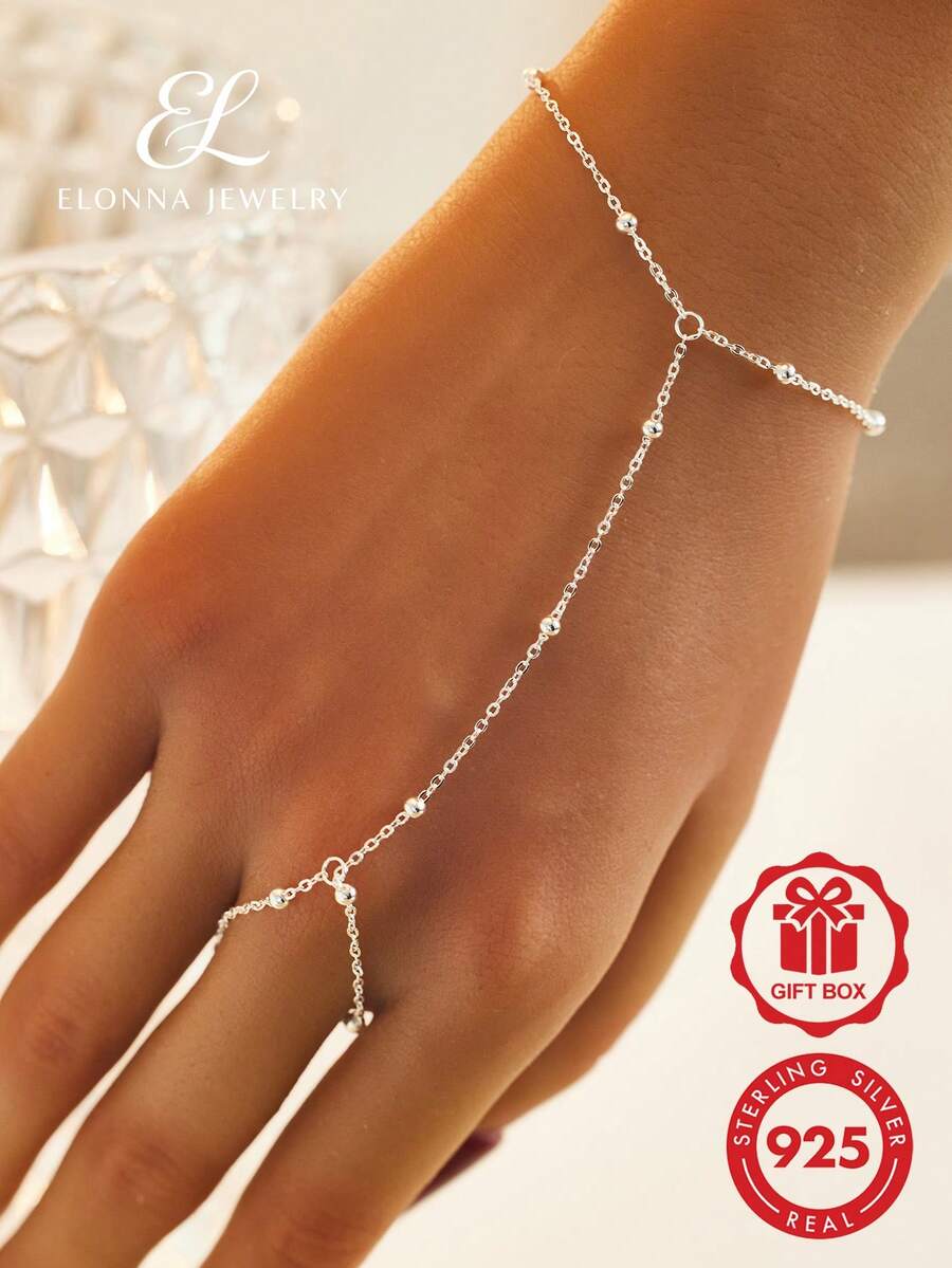 SYMFNY 1入組925純銀極簡時尚串珠鏈戒手鏈 - 銀色 - 查看 1