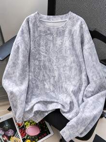 Sweatshirt Pullover Lengan Panjang Leher Bulat Motif Acak Ukuran Plus Wanita Kasual - Light Grey - View 1