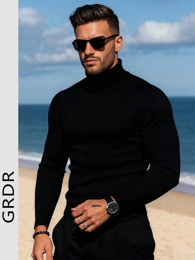 GRDR 男士秋冬新款高領套頭薄款毛衣，適合疊穿，休閒日常穿著 - 黑色 - 查看 1