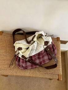2026夏季新款森系復古蕾絲花卉格紋拼接布料女款百搭單肩手提包通勤包 - 酒紅色 - 查看 5