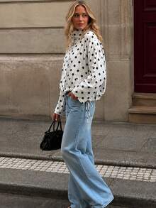 Women's Casual Polka Dot Long Sleeve Loose Jacket, Fashion Stand Collar Button Front Coat Spring White - White - View 2