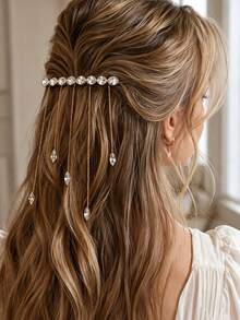 1pc French Chain Water Drop Rhinestone Tassel Hair Clip, Bridal Half-Up Fashion Daily Straight Clip, Women's Fashion Personality Side Clip, Minimalist Korean Style Hair Accessory - Gold - View 1