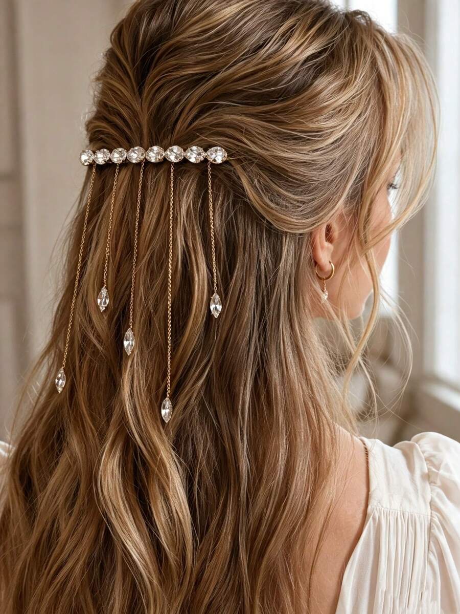 1pc French Chain Water Drop Rhinestone Tassel Hair Clip, Bridal Half-Up Fashion Daily Straight Clip, Women's Fashion Personality Side Clip, Minimalist Korean Style Hair Accessory - Gold - View 1