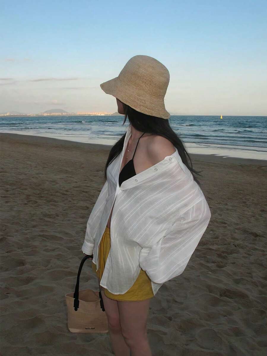 Women's Striped Long Sleeve Blouse, Slightly Sheer Sun Protection Textured Casual Elegant Top - White - View 1