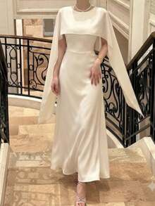 Women's Elegant Evening Shawl Gown, Formal Ball Party Long Dress Wedding Fall - Apricot - View 3