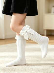 4 Pairs Kids Bow Decor Mid-Calf Socks, Suitable For Girls All Season, School Uniform Performance Socks, European British Academy Style Solid Color Double-Needle Ribbed Socks - Multicolor - View 7