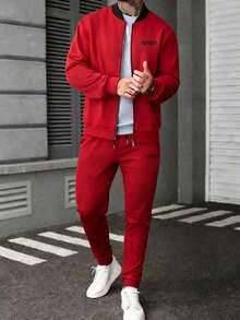 Men's Autumn/Winter Letter Print Zip-Up Long Sleeve Jacket And Drawstring Waist Tapered Pants Set - Red - View 2
