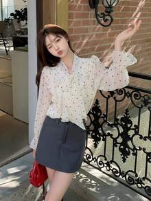 Blus Pelindung Matahari Motif Polkadot Hati Berkerut Gaya Prancis, Atasan Lengan Panjang Longgar dengan Pita dan Tali Pengikat - Aprikot - View 5