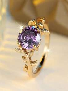 1pc Retro Floral Design Purple Cubic Zirconia Gold-Plated Copper Alloy Ring, Suitable For Mother's Day, Festivals, Daily Wear, All Season - Purple - View 2