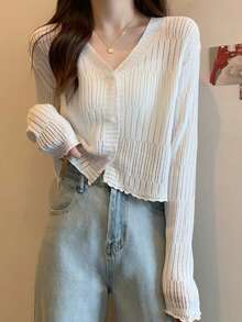 1 Black And White Apricot Green Thin Ruffle V-Neck Knit Cardigan Long Sleeve Sun Protection Shawl - Multicolor - View 8