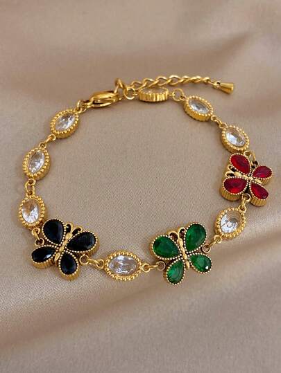Gelang Stainless Steel Mewah Bergaya Vintage dengan Hiasan Kupu-kupu Berwarna-warni dan Berlian Zirkonia untuk Wanita, Perhiasan Emas Halus, Cocok untuk Pesta, Sehari-hari, Natal, Ulang Tahun/Halloween