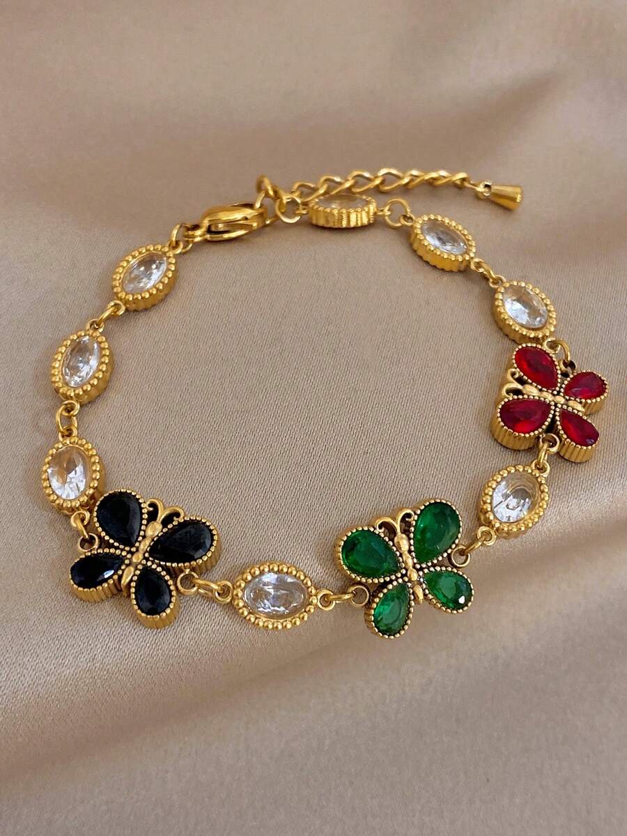 Luxury Vintage Colorful Butterfly Zirconia Diamond Stainless Steel Bracelet For Women,Delicate Gold Jewelry,Party,Daily,Christmas,Birthday/Halloween - Multicolor - View 1