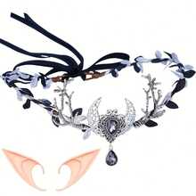 MESHUOKAI Dark Elf Crown Headband With Pointed Elf Ears Set, Silver Vine Fantasy Headpiece With Black Gemstone Pendant, Halloween Cosplay Fairy Costume Accessory - Multicolor - View 4