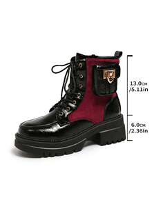 Black & Red Colorblock Patchwork Boots For Women, Side Pocket Metal Buckle Lace-Up Thick Sole Platform Boots, Height-Increasing Motorcycle Workwear Ankle Boots - Burgundy - View 7