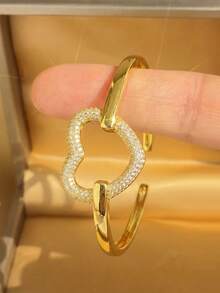 Hollow Heart Zirconia Cuff Bangle&Flower Diamond Open Ring Jewellery Set,Women Golden Jewelry Combo,Holiday Essentials Romantic Dating Party Accessories - Multicolor - View 9