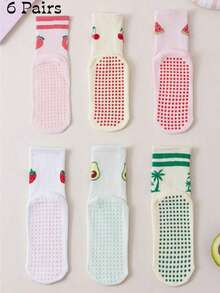 1/4/6 Pairs Women's Sweet Fruit Pattern Printed Non-Slip Mid-Calf Yoga Socks, Indoor Fitness, Pilates, Dance Floor Socks - Multicolor - View 6