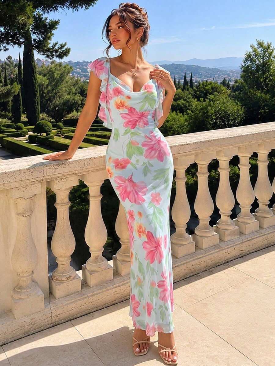 Perirose Women's Blue & Pink Floral Maxi Dress, Flowy Sleeves, Cowl Neck, Slim Fit, Elegant Summer & Autumn Wedding Guest, Vacation, Resort, Party Evening Gown - Baby Blue - View 1